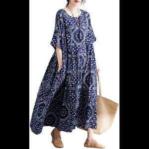 Women Loose Cotton Linen Dress with Pockets
